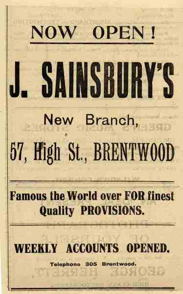 Advertisement promoting opening of new Brentwood branch of Sainsbury's.