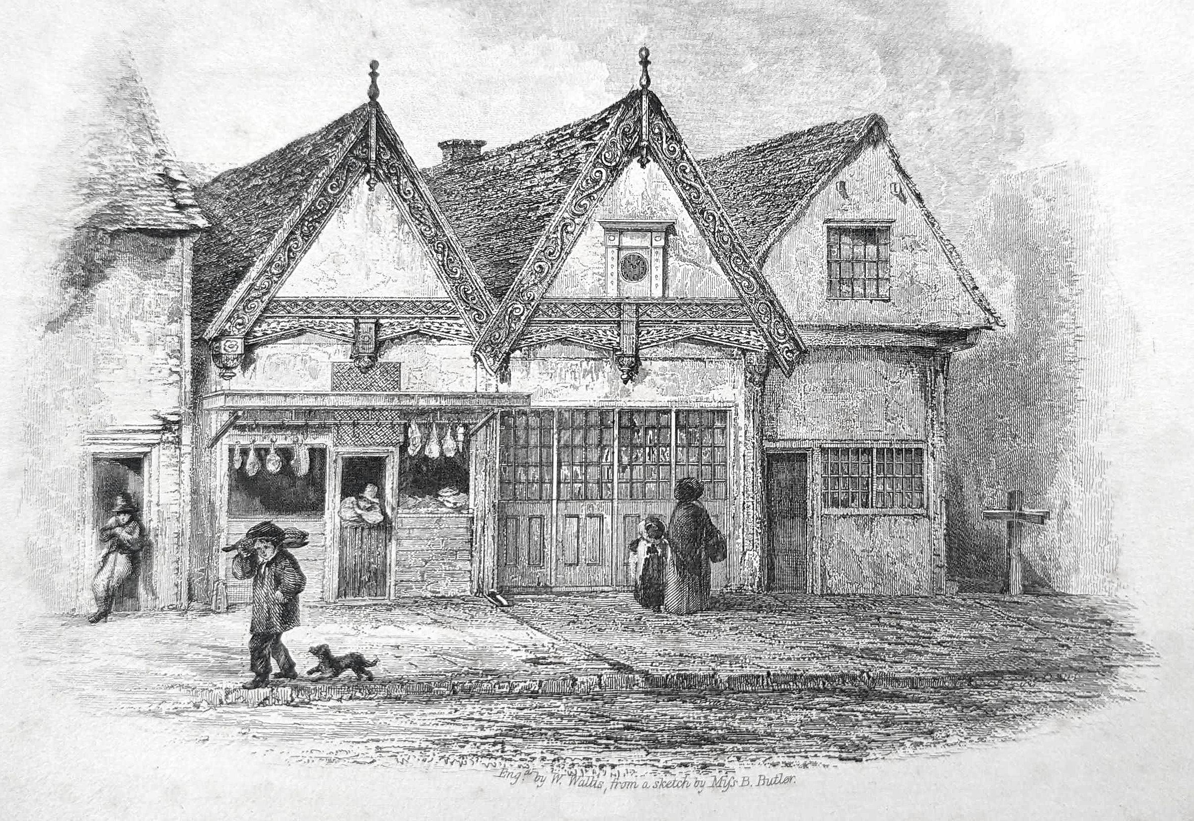 htmlExterior of the building after the 1841 partial restoration. Probably drawn by Blanche Butler, one of the daughters of <a class="underline-offset-1 underline" href="/person/PER0001">Cornelius Butler</a>.