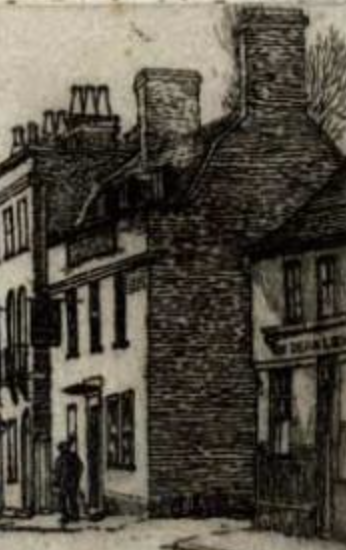 An etching of the pub from the east.