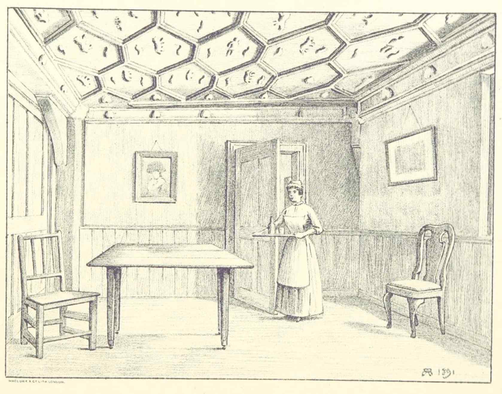 Interior of a room in The Chequers Inn showing 16th/17th century plasterwork, drawn in 1892
