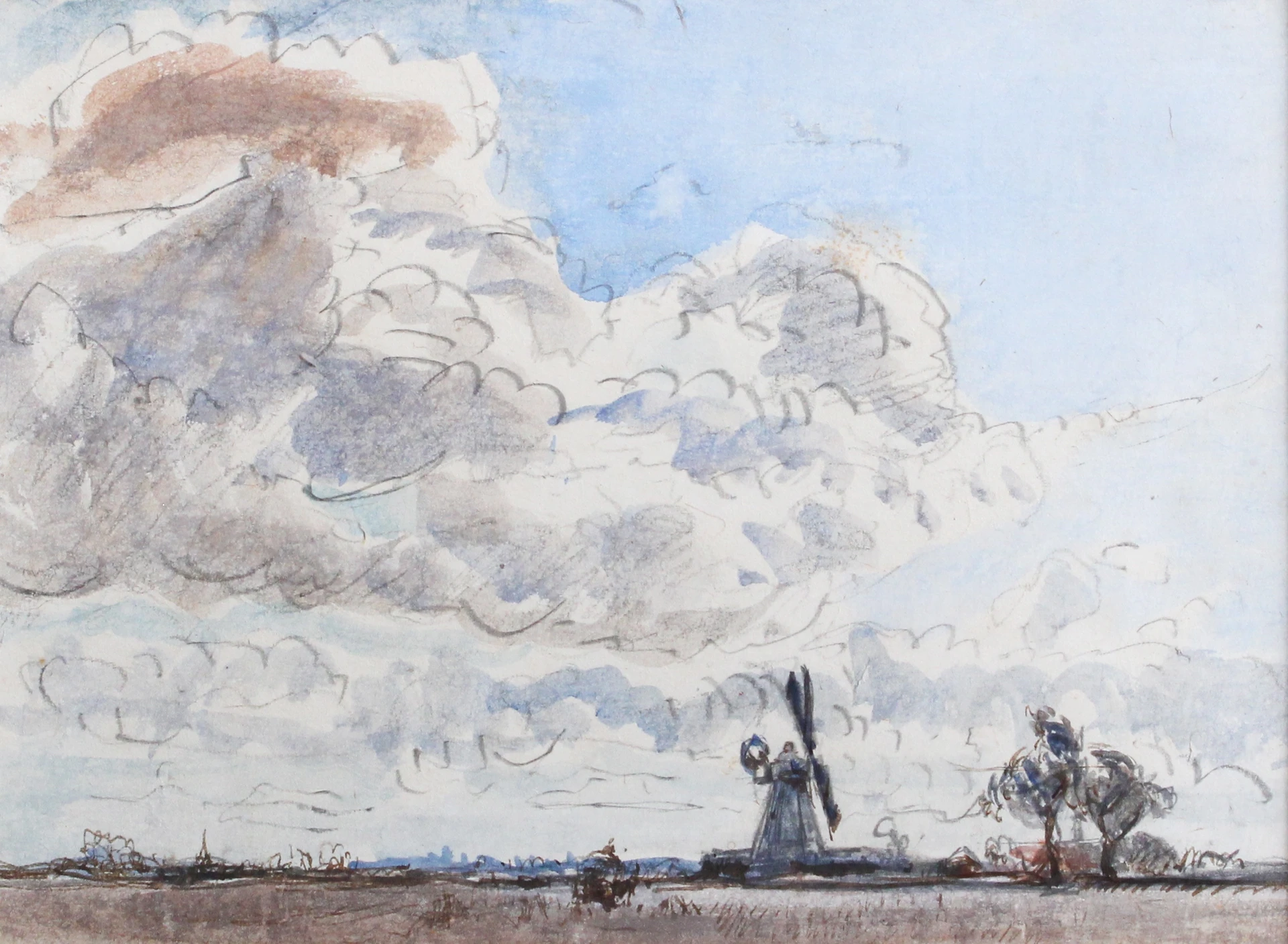 Painting by Brentwood artist Robert Graham Dryden Alexander showing a mill. This is the right shape to be the mill on Shenfield common, but could also be another local mill.