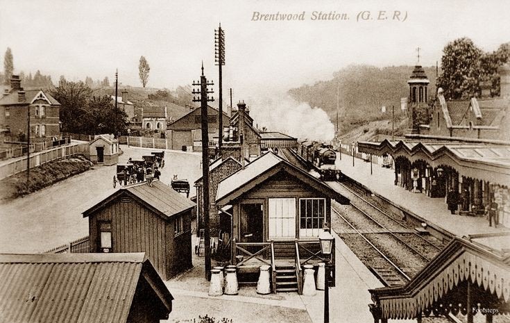 View of Brentwood Station looking east, the house on the very left hand side is the last house in Alexandra Road. On the right you can see the bell tower which rung whenever a train arrived.